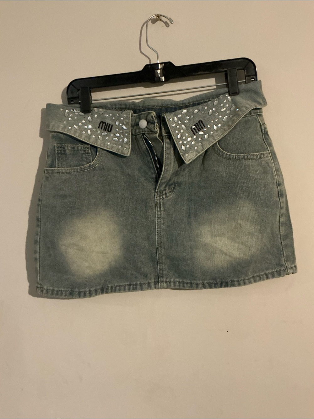 Miu Min Washed Blue Denim Mini Skirt with Crystal-Trim Waistband